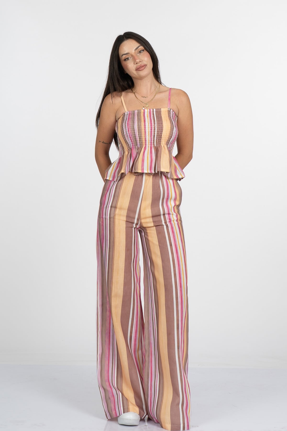 Signature Line Dikey Çizgili Keten Crop Bluz Pantolon Takım - 1333