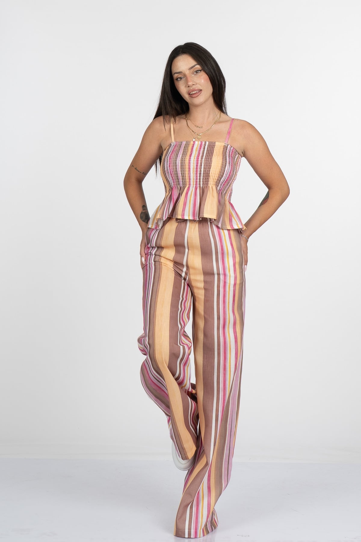 Signature Line Dikey Çizgili Keten Crop Bluz Pantolon Takım - 1333