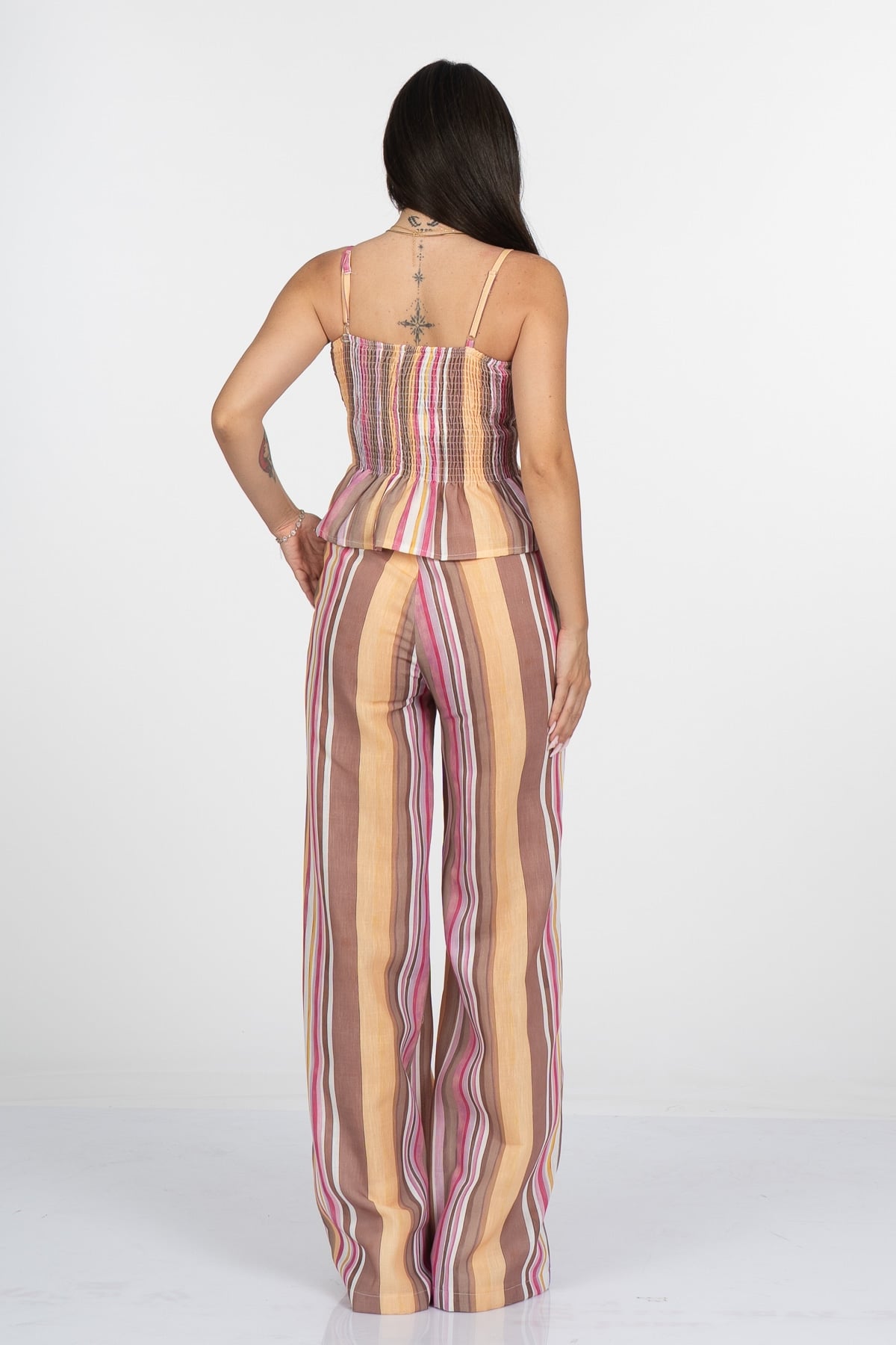 Signature Line Dikey Çizgili Keten Crop Bluz Pantolon Takım - 1333