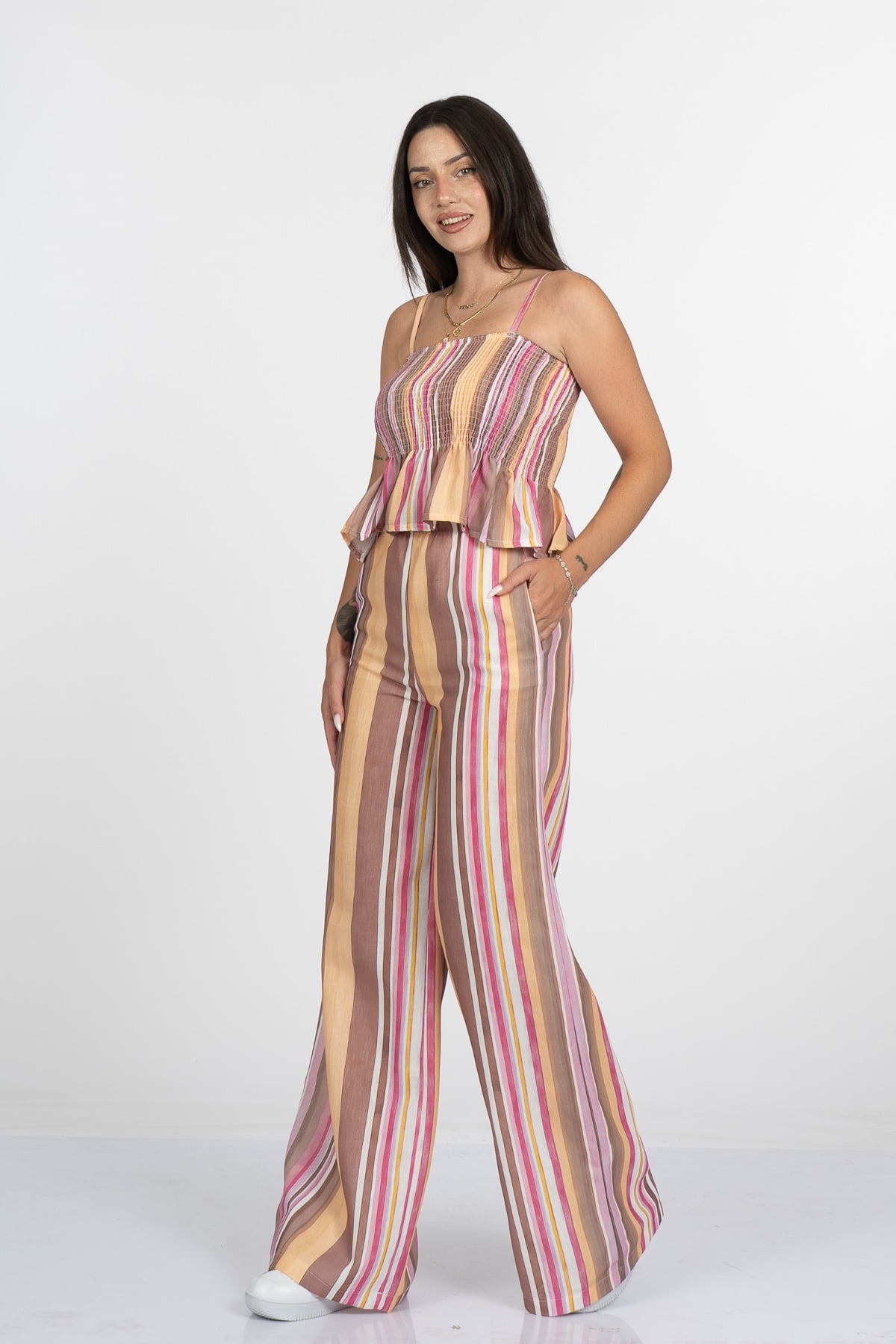 Signature Line Dikey Çizgili Keten Crop Bluz Pantolon Takım - 1333