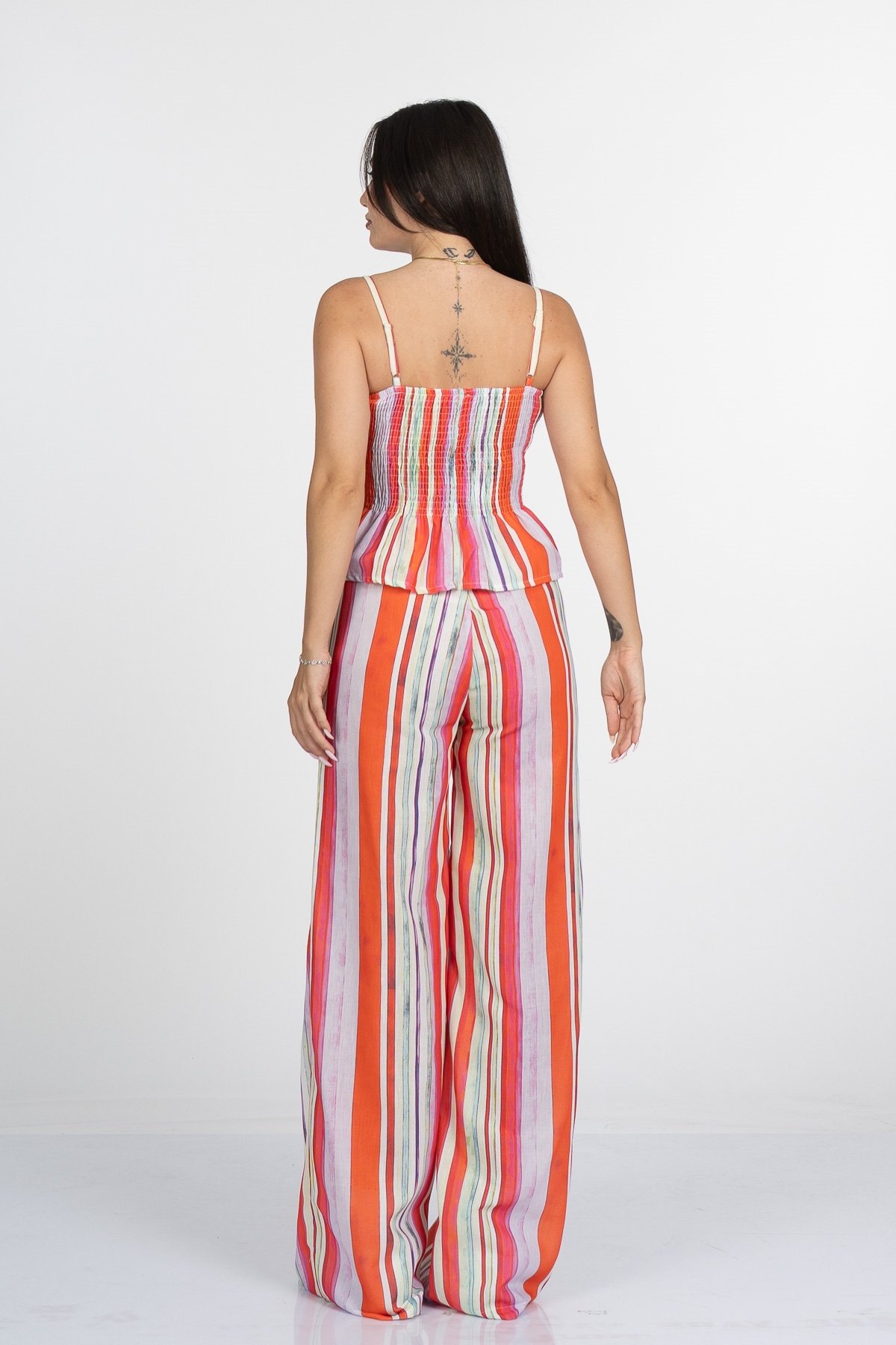 Signature Line Dikey Çizgili Keten Crop Bluz Pantolon Takım - 1333
