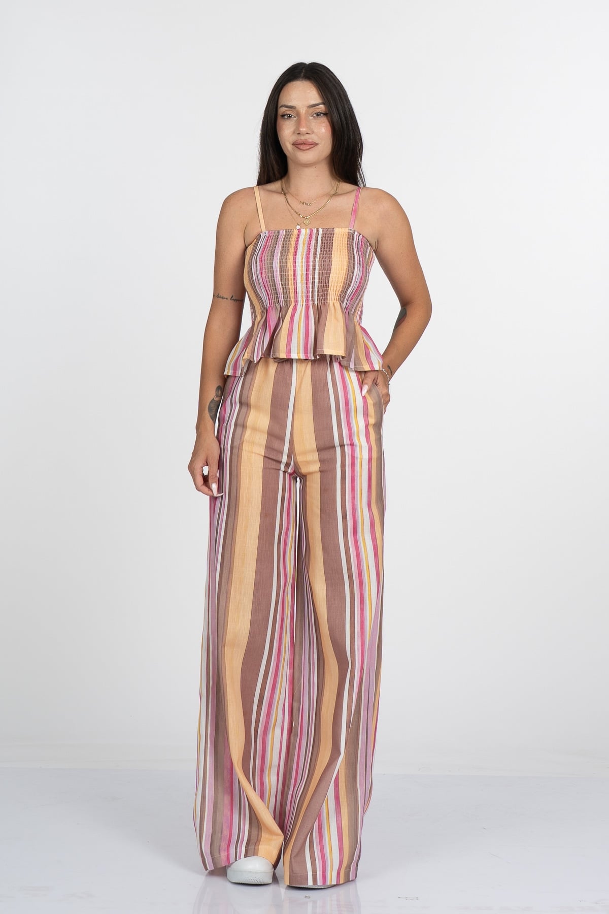Signature Line Dikey Çizgili Keten Crop Bluz Pantolon Takım - 1333