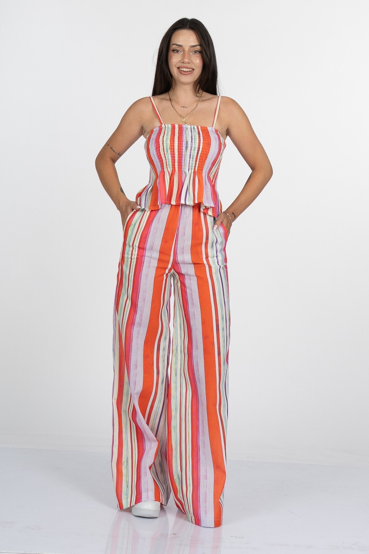 Signature Line Dikey Çizgili Keten Crop Bluz Pantolon Takım - 1333