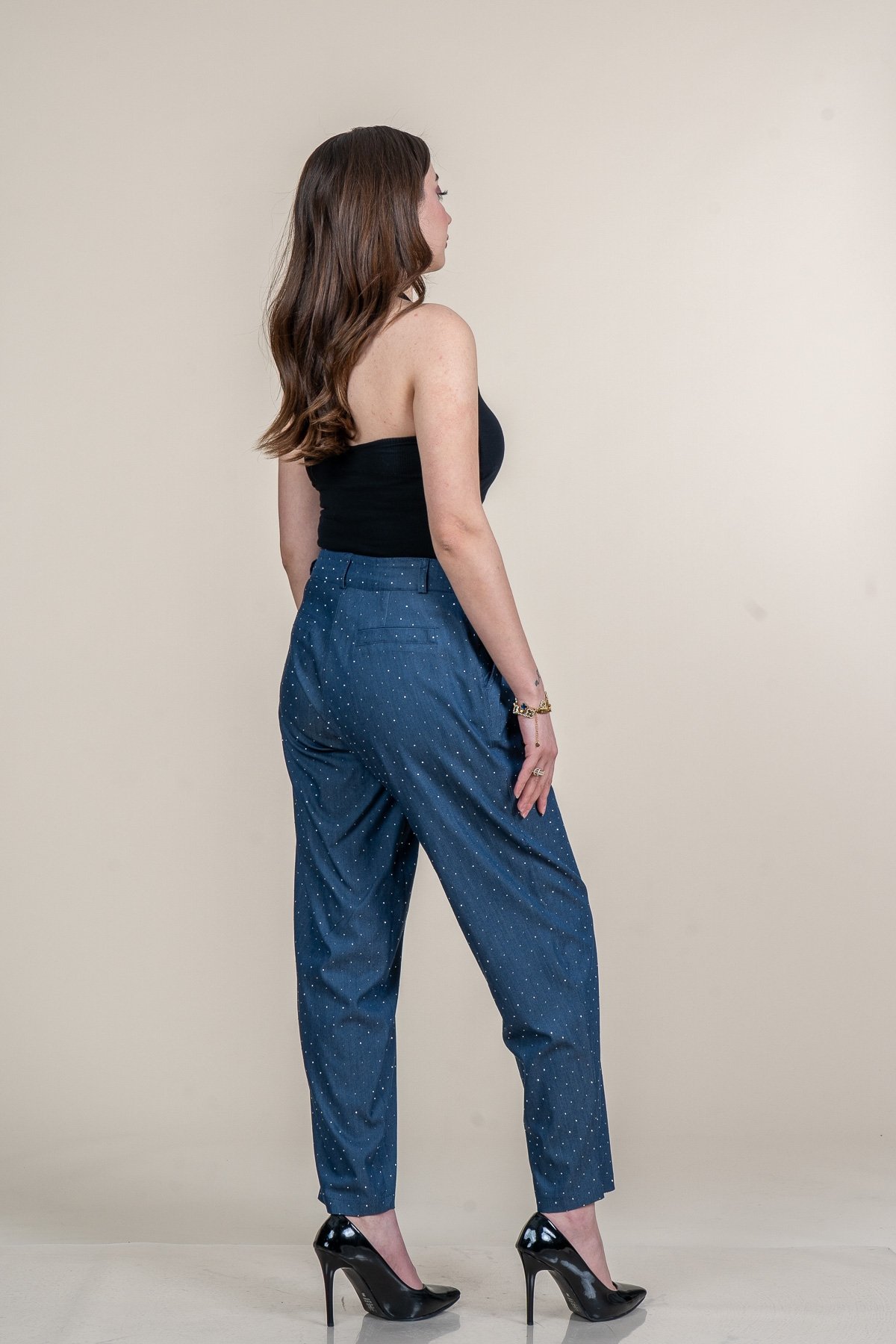 Taş Baskı Yüksek Bel Pileli Cepli Denim Pantolon 30254