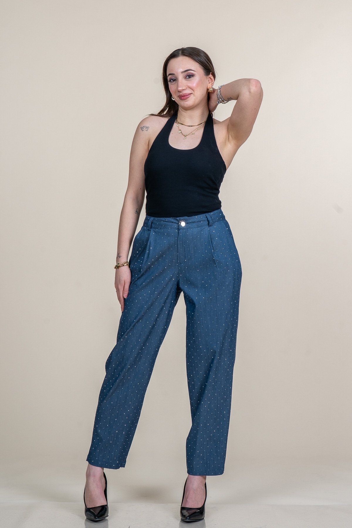 Taş Baskı Yüksek Bel Pileli Cepli Denim Pantolon 30254