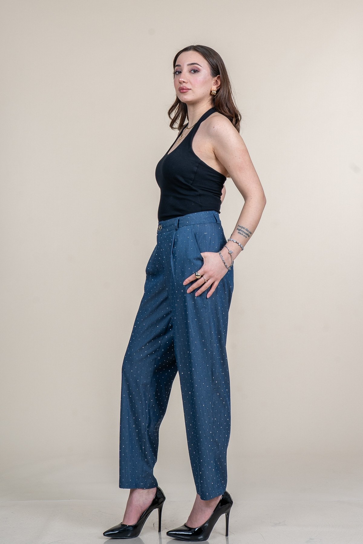 Taş Baskı Yüksek Bel Pileli Cepli Denim Pantolon 30254