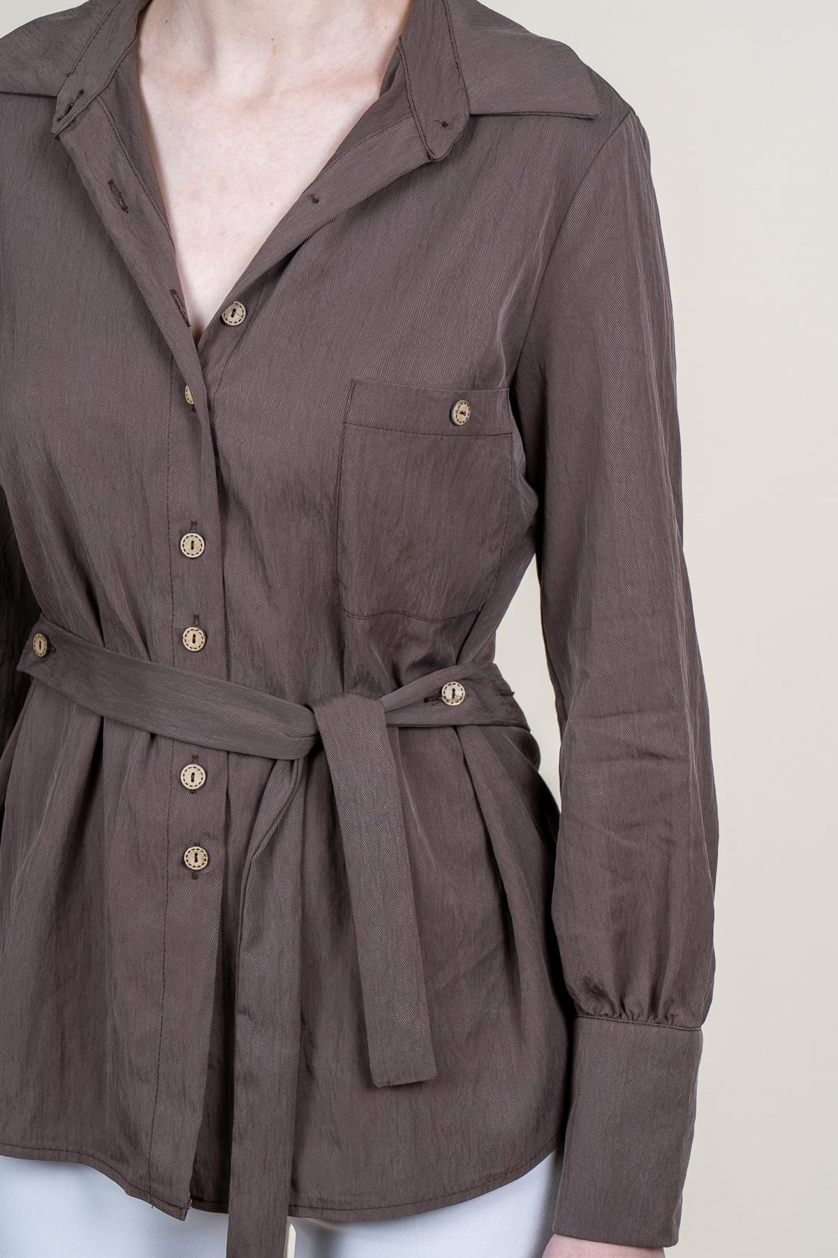 Tencel Beli Kuşaklı Uzun Kollu Trend Gömlek 70062
