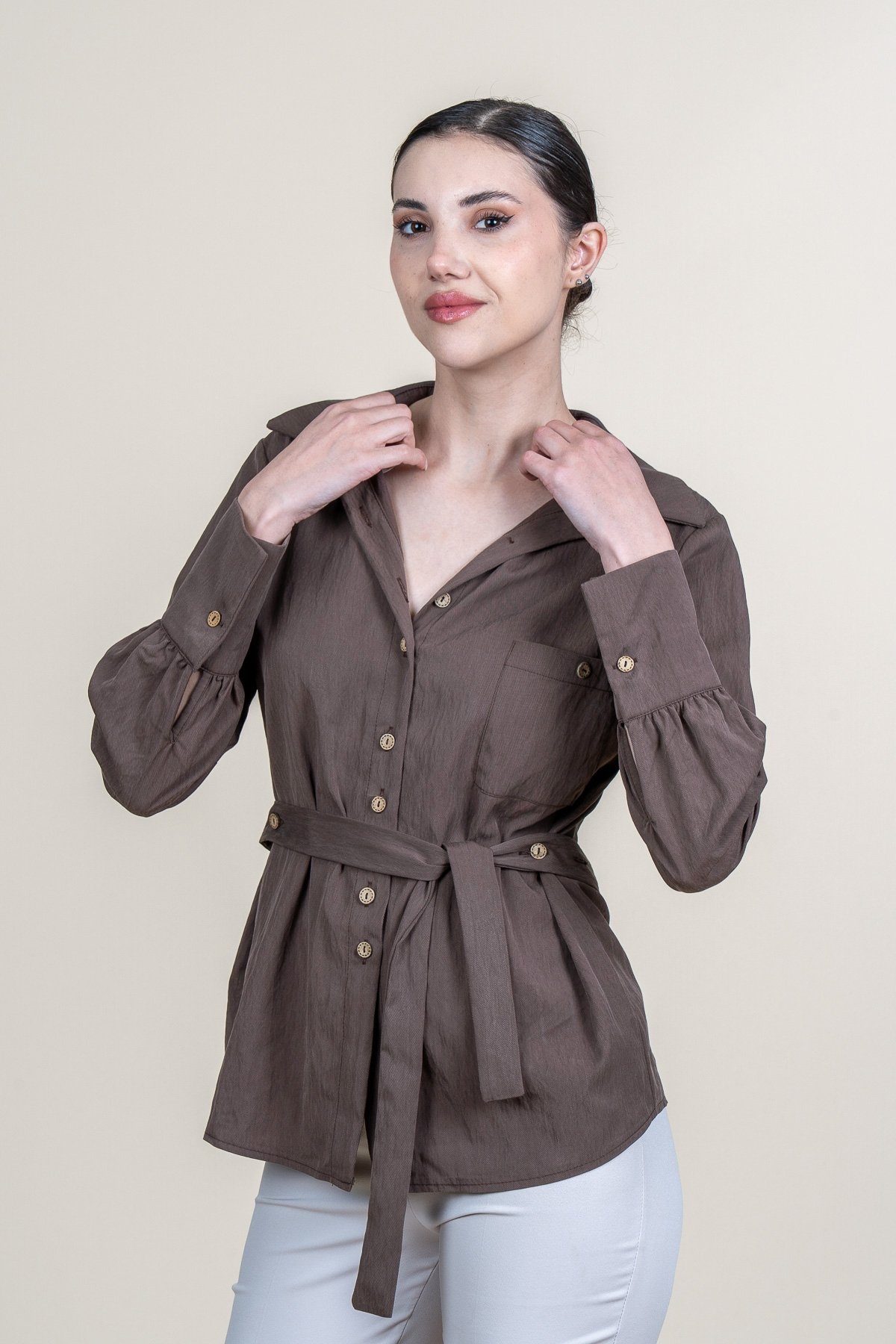 Tencel Beli Kuşaklı Uzun Kollu Trend Gömlek 70062