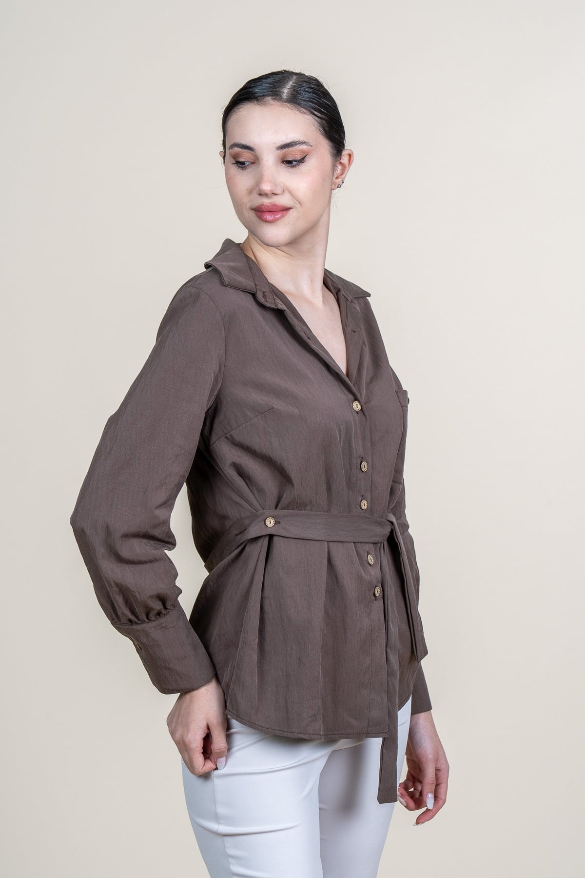 Tencel Beli Kuşaklı Uzun Kollu Trend Gömlek 70062
