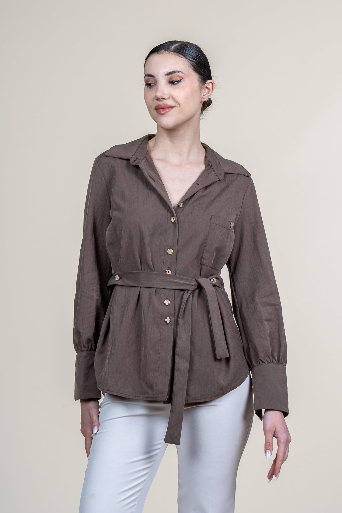 Tencel Beli Kuşaklı Uzun Kollu Trend Gömlek 70062