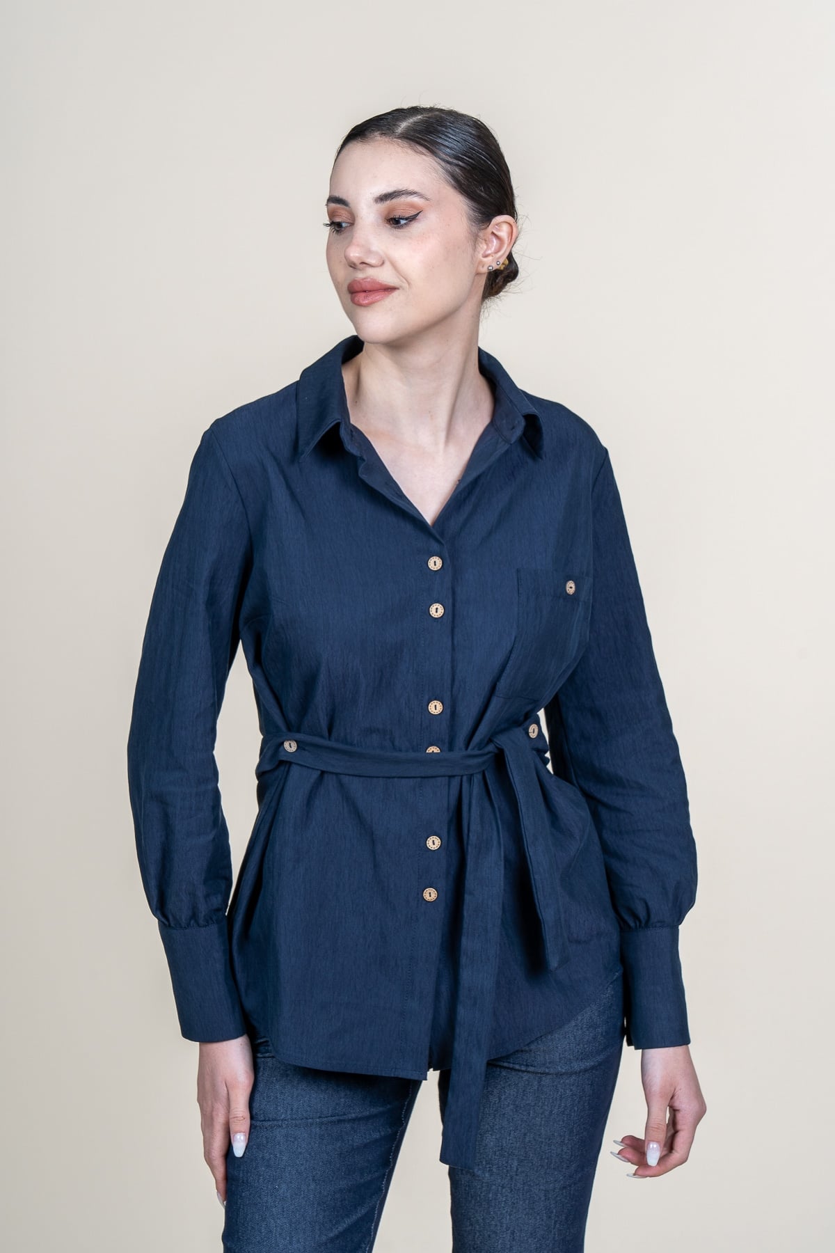 Tencel Beli Kuşaklı Uzun Kollu Trend Gömlek 70062