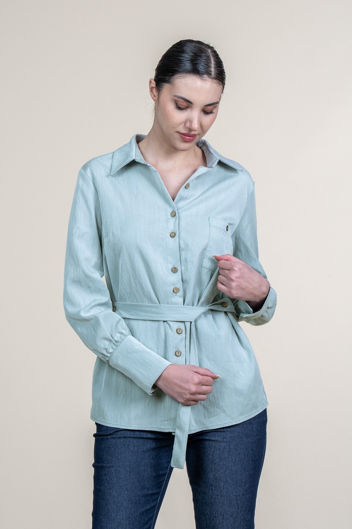 Tencel Beli Kuşaklı Uzun Kollu Trend Gömlek 70062