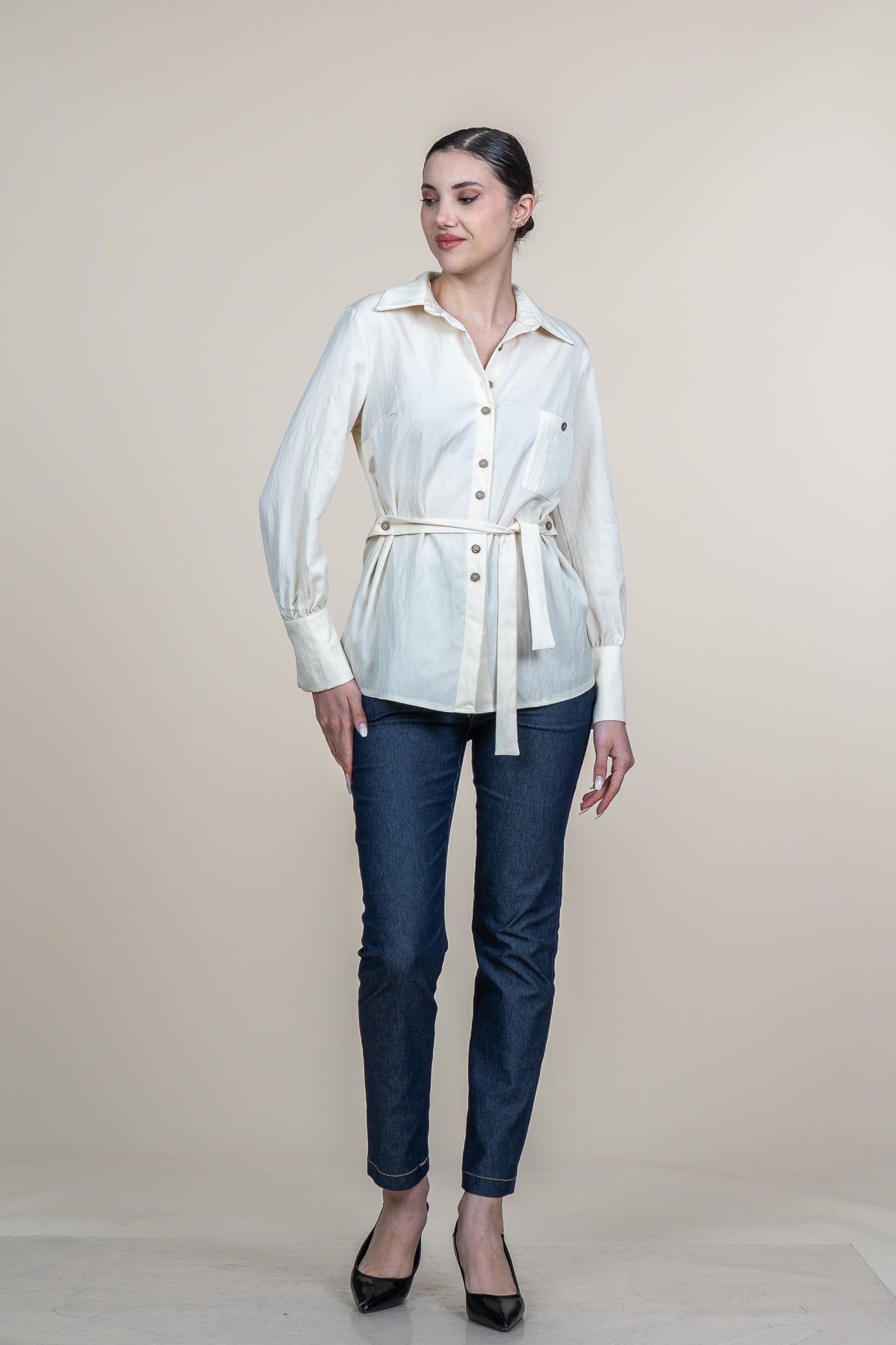 Tencel Beli Kuşaklı Uzun Kollu Trend Gömlek 70062