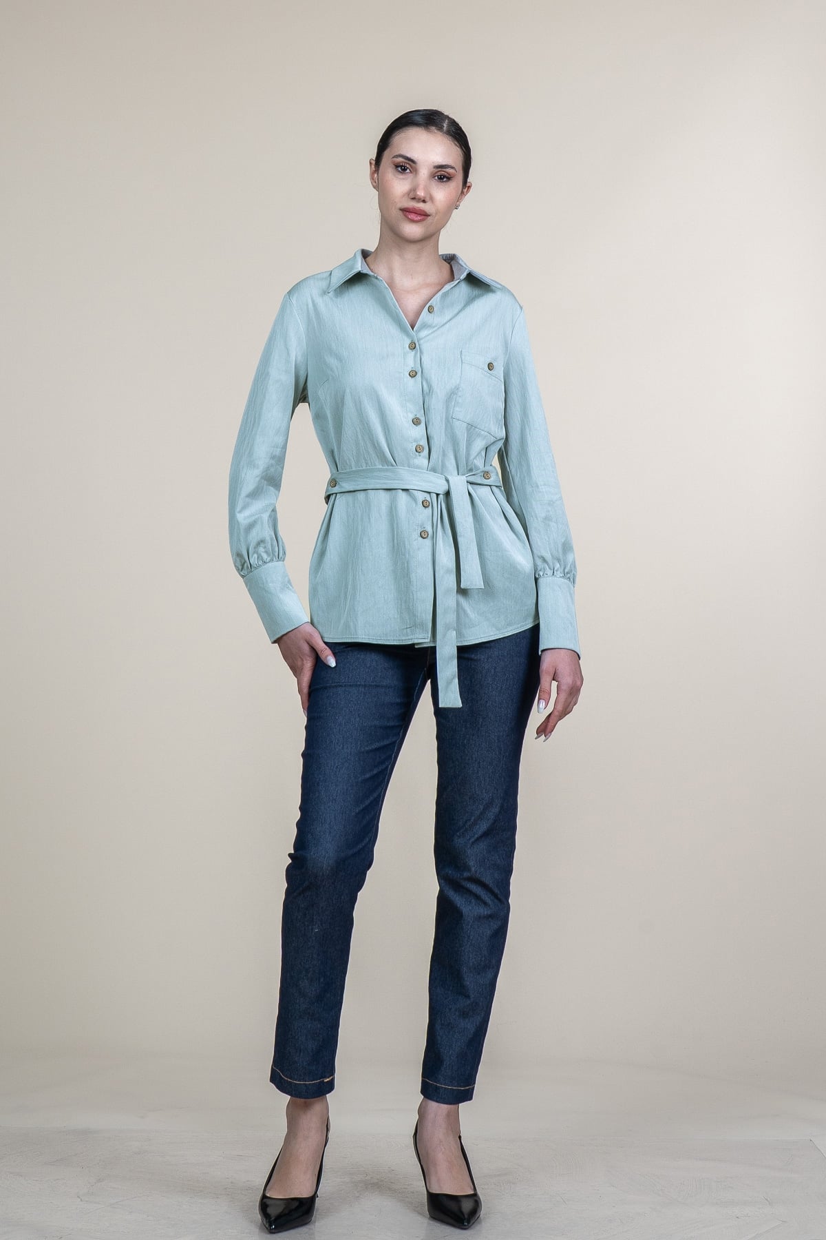 Tencel Beli Kuşaklı Uzun Kollu Trend Gömlek 70062