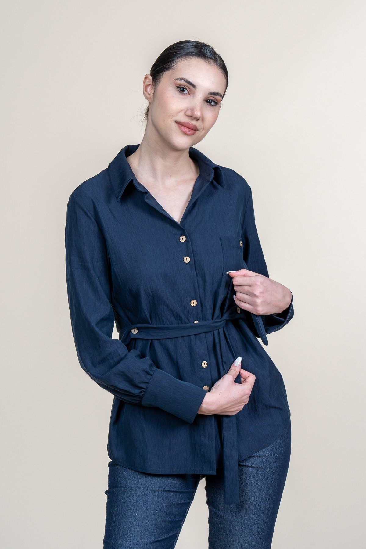Tencel Beli Kuşaklı Uzun Kollu Trend Gömlek 70062