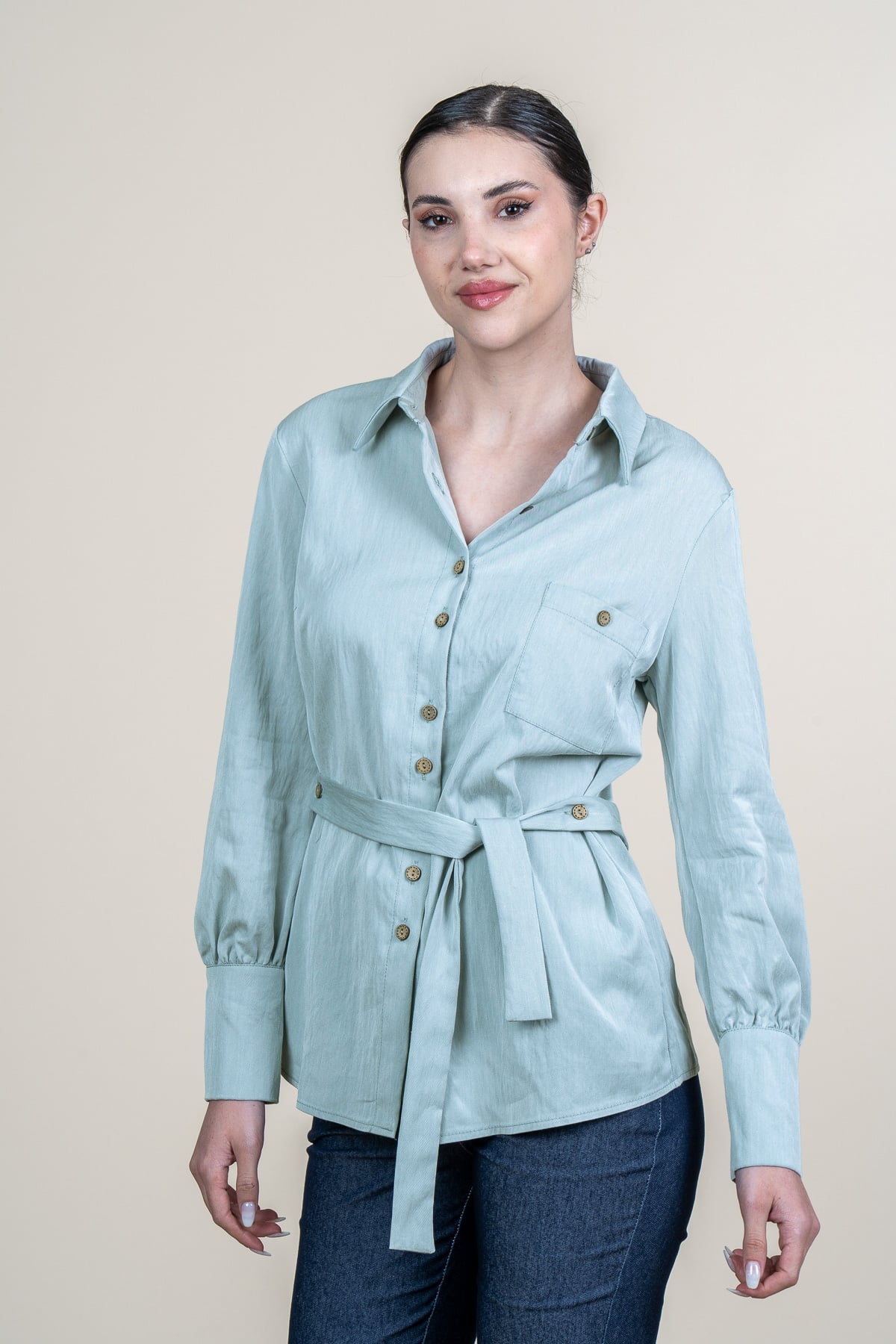 Tencel Beli Kuşaklı Uzun Kollu Trend Gömlek 70062