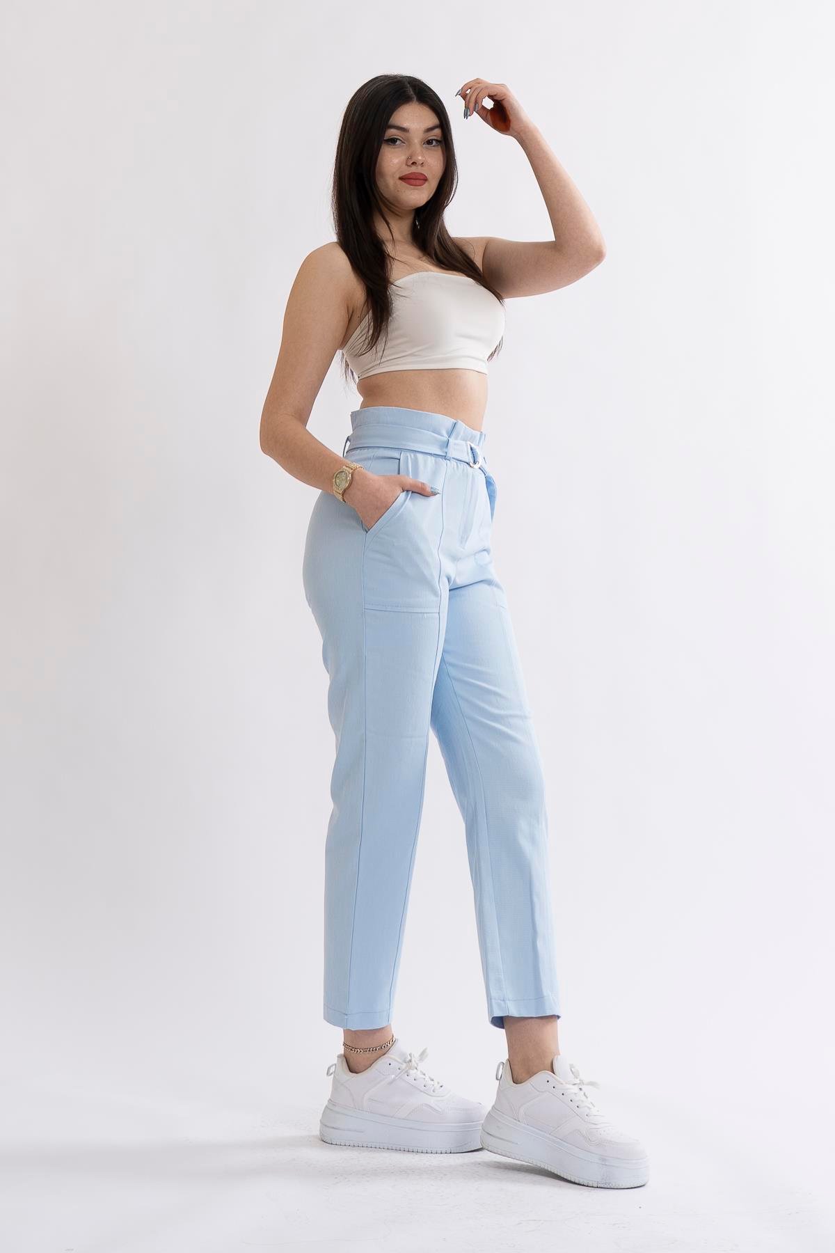 Tokalı Beli Büzgülü Kuşaklı Pantolon