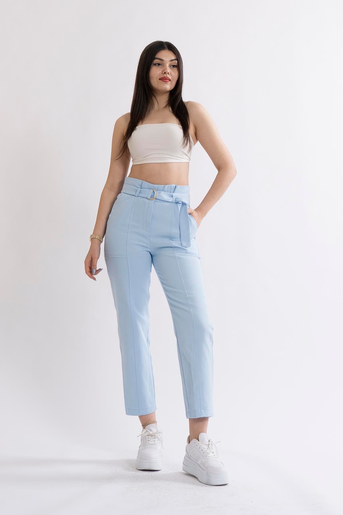 Tokalı Beli Büzgülü Kuşaklı Pantolon