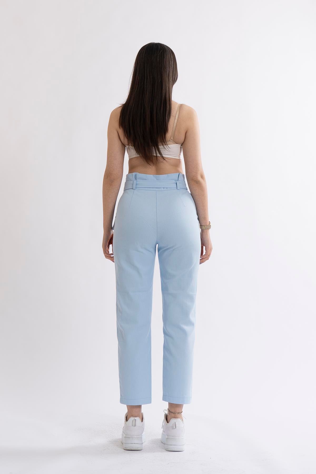 Tokalı Beli Büzgülü Kuşaklı Pantolon