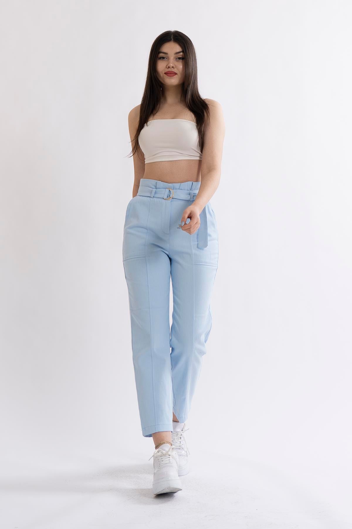 Tokalı Beli Büzgülü Kuşaklı Pantolon
