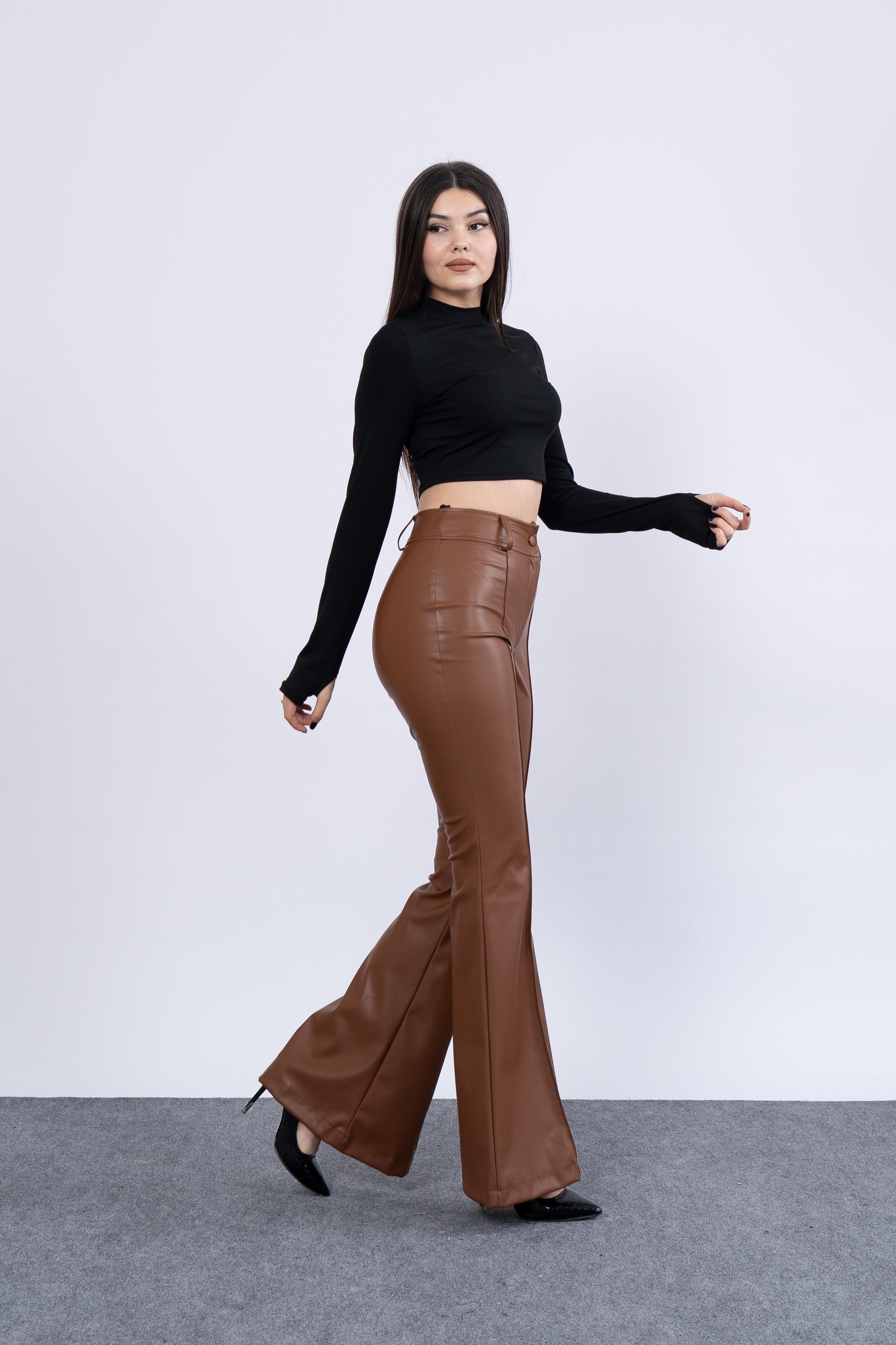 Trend Model İspanyol Paça Yüksek Bel Deri Pantolon 3942