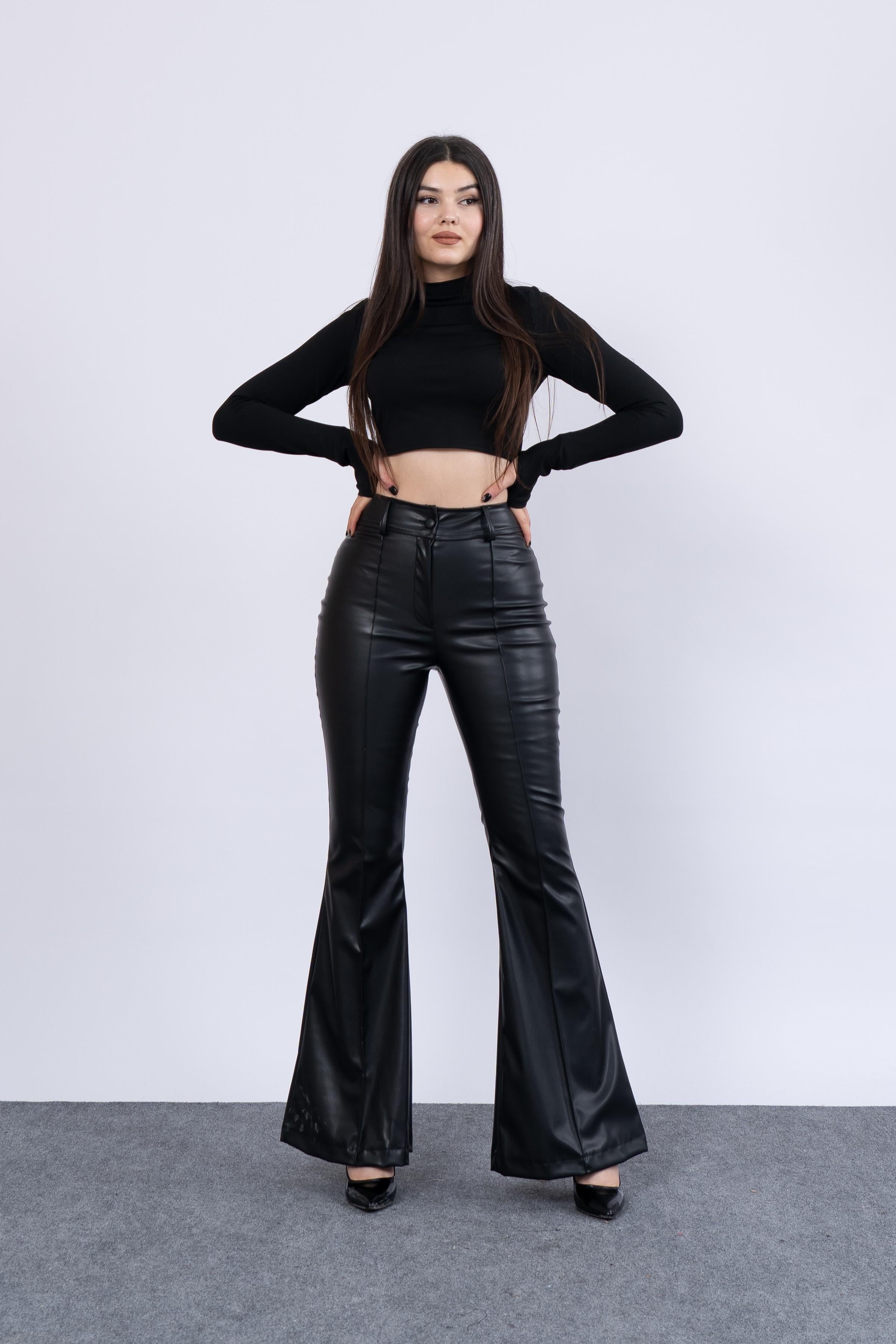 Trend Model İspanyol Paça Yüksek Bel Deri Pantolon 3942