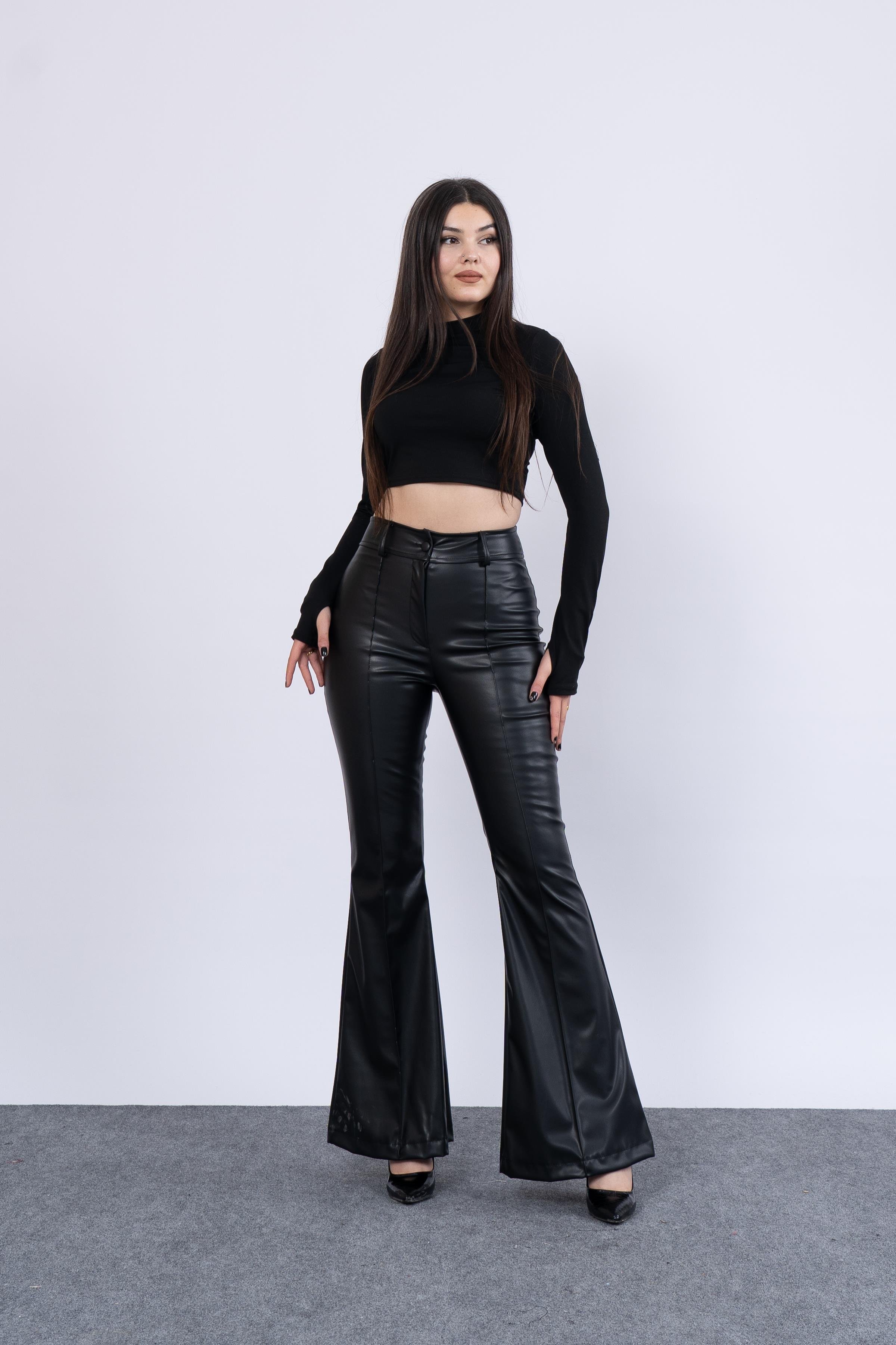 Trend Model İspanyol Paça Yüksek Bel Deri Pantolon 3942
