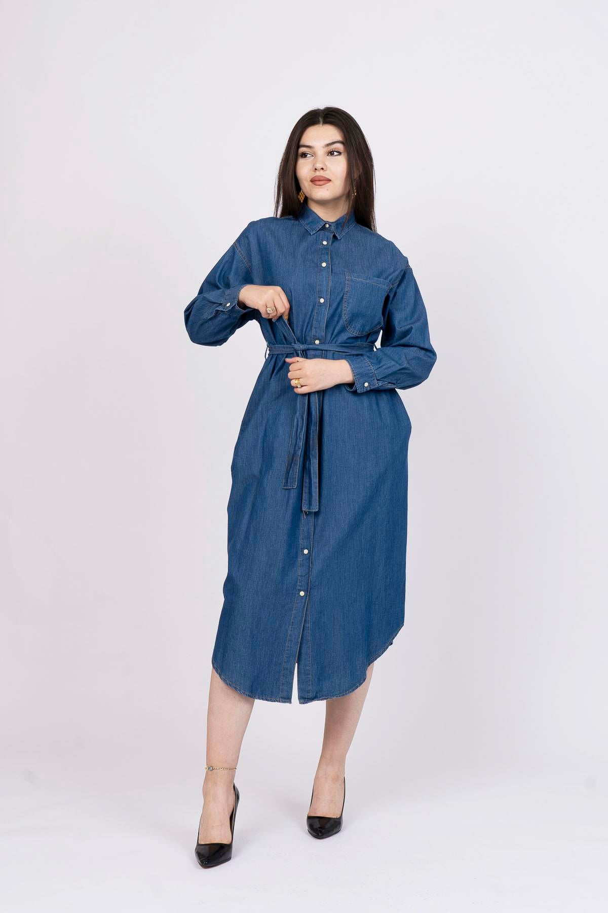 Uzun Boy Klasik Denim Kot Elbise