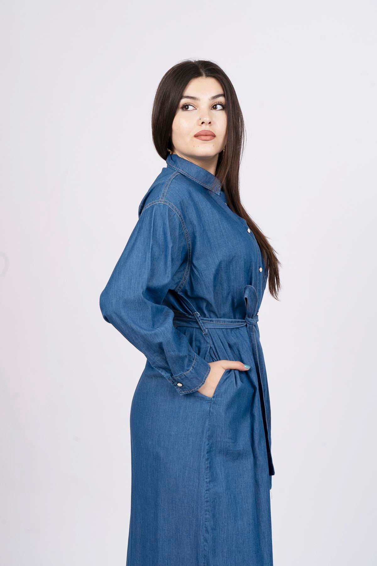 Uzun Boy Klasik Denim Kot Elbise
