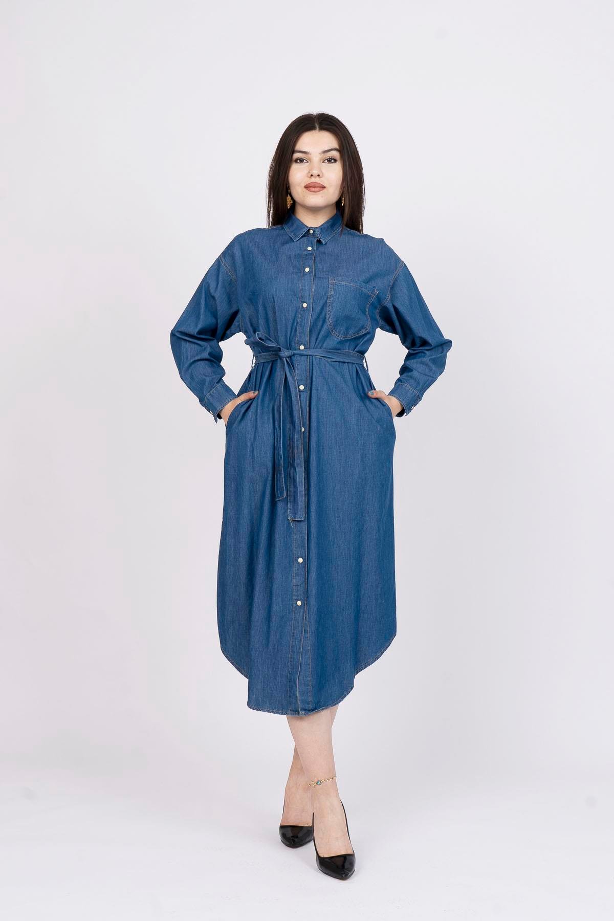 Uzun Boy Klasik Denim Kot Elbise
