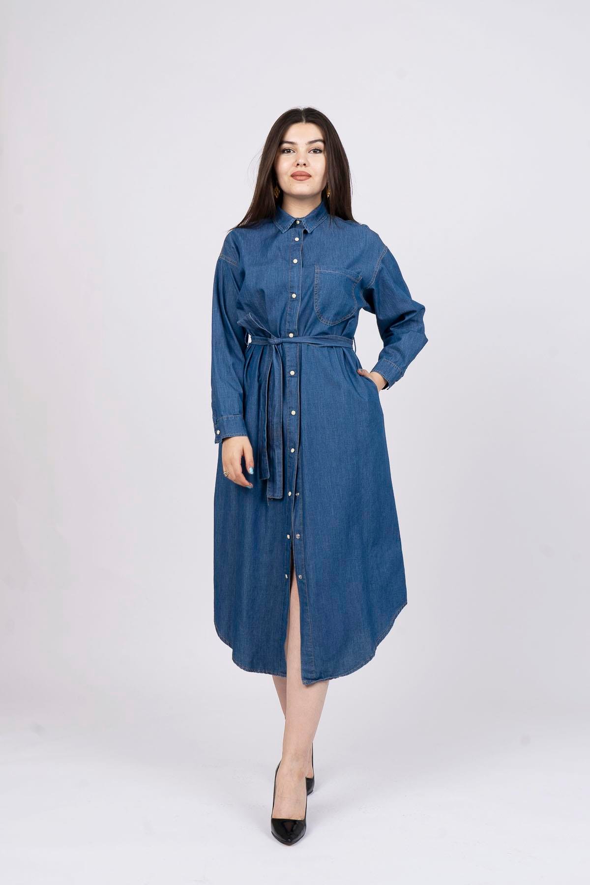 Uzun Boy Klasik Denim Kot Elbise
