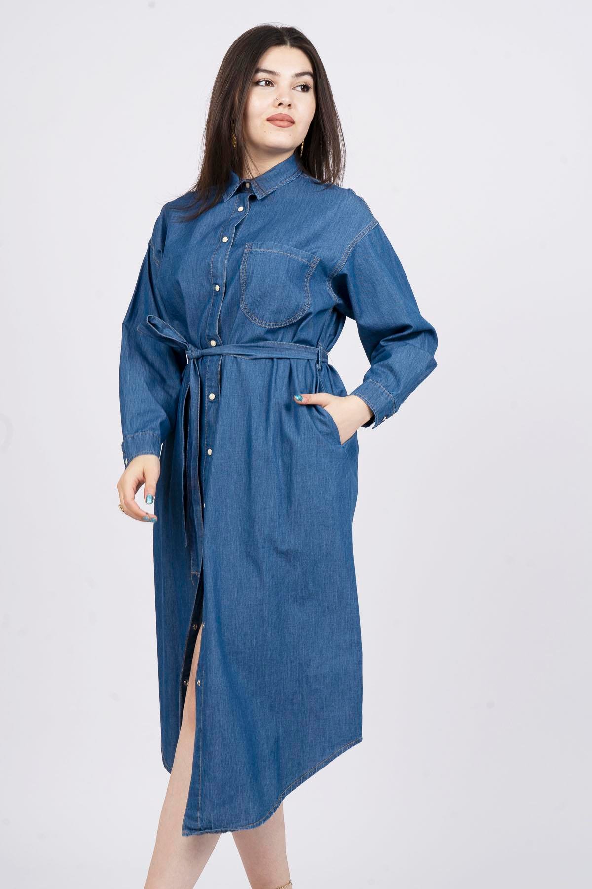 Uzun Boy Klasik Denim Kot Elbise