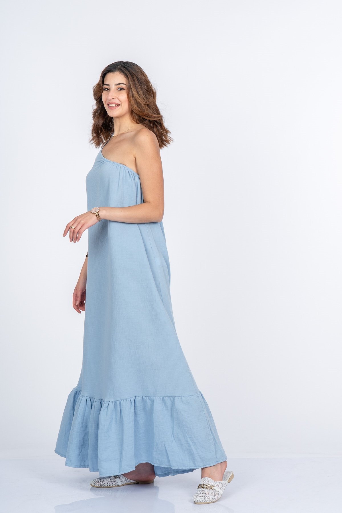 Valeska Premium Müslin Kumaş Tek Omuz Elbise 50417