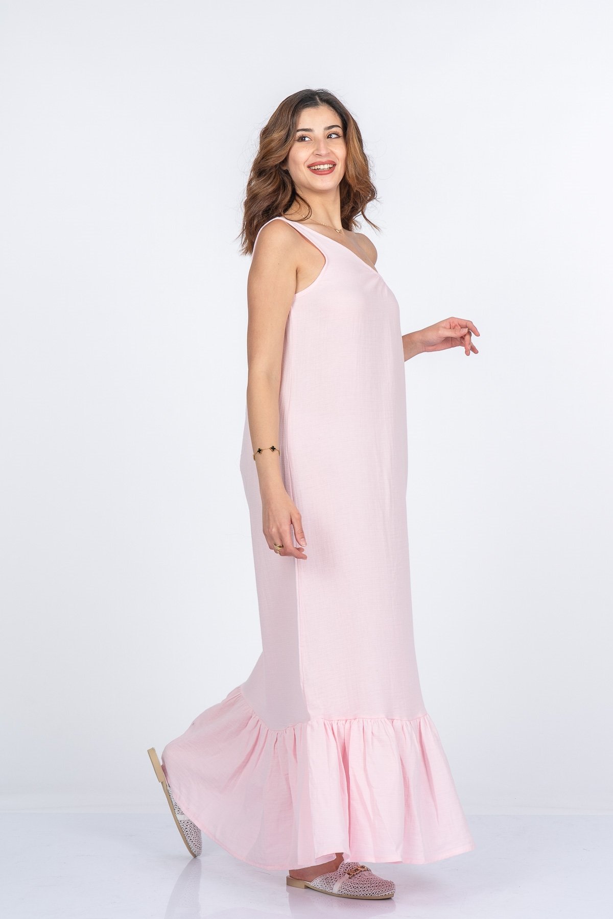 Valeska Premium Müslin Kumaş Tek Omuz Elbise 50417