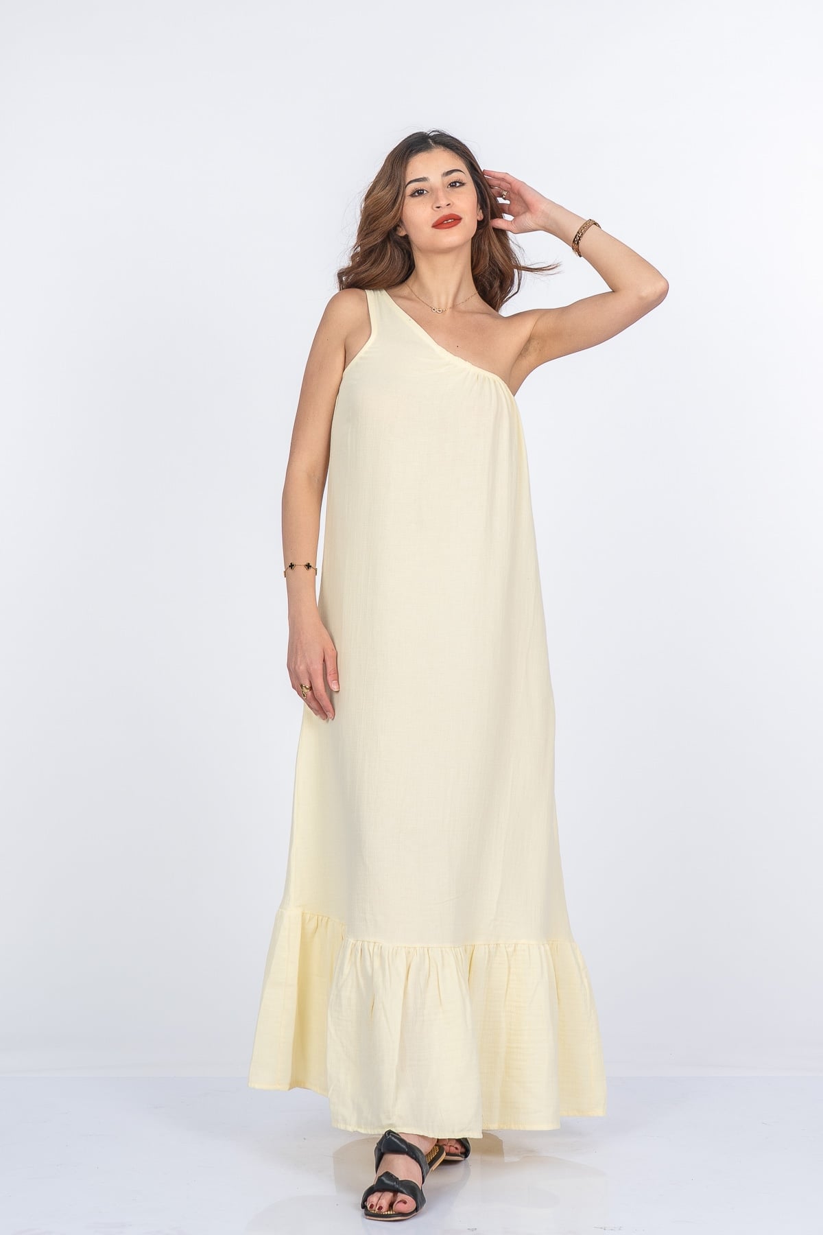 Valeska Premium Müslin Kumaş Tek Omuz Elbise 50417