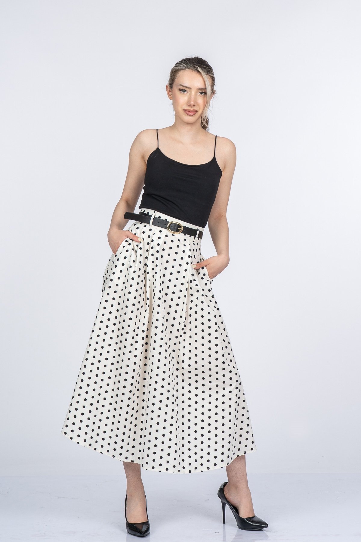 Violetta Puantiyeli Kemerli Pileli Etek 6891