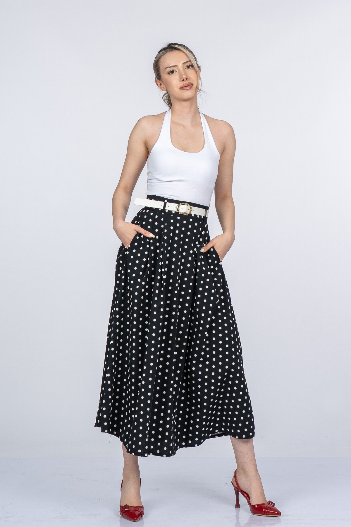 Violetta Puantiyeli Kemerli Pileli Etek 6891