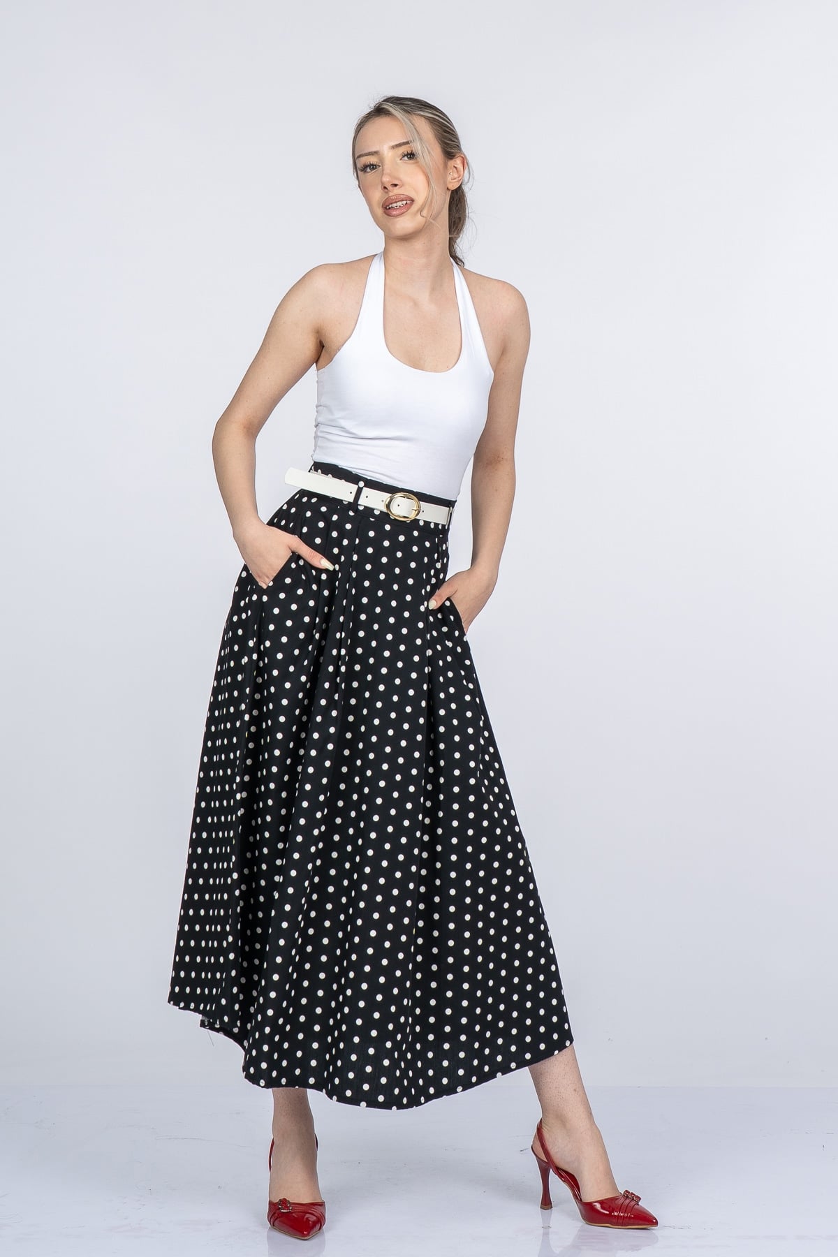 Violetta Puantiyeli Kemerli Pileli Etek 6891