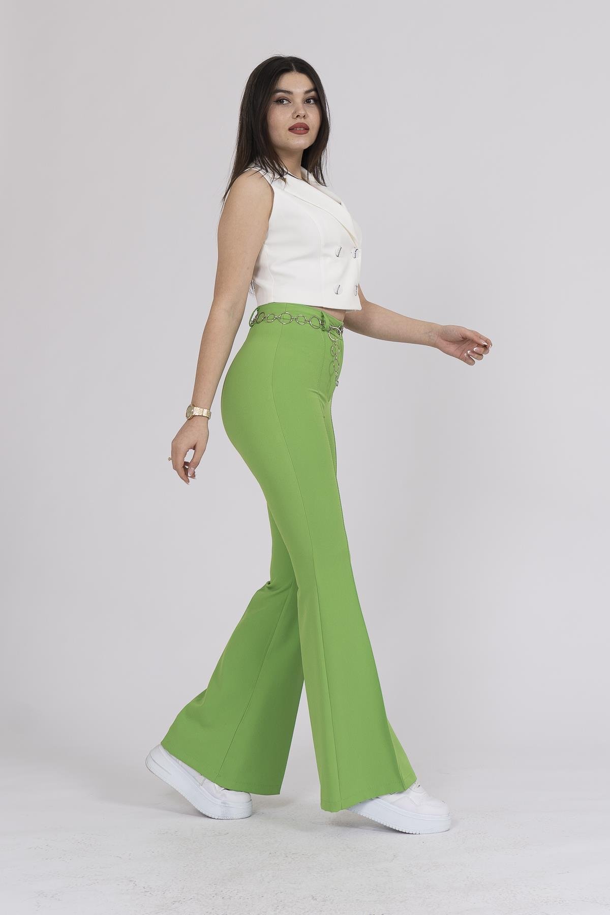 Y-3876 Y ZİNCİR AKSESUARLI İSPANYOL PAÇA PANTOLON