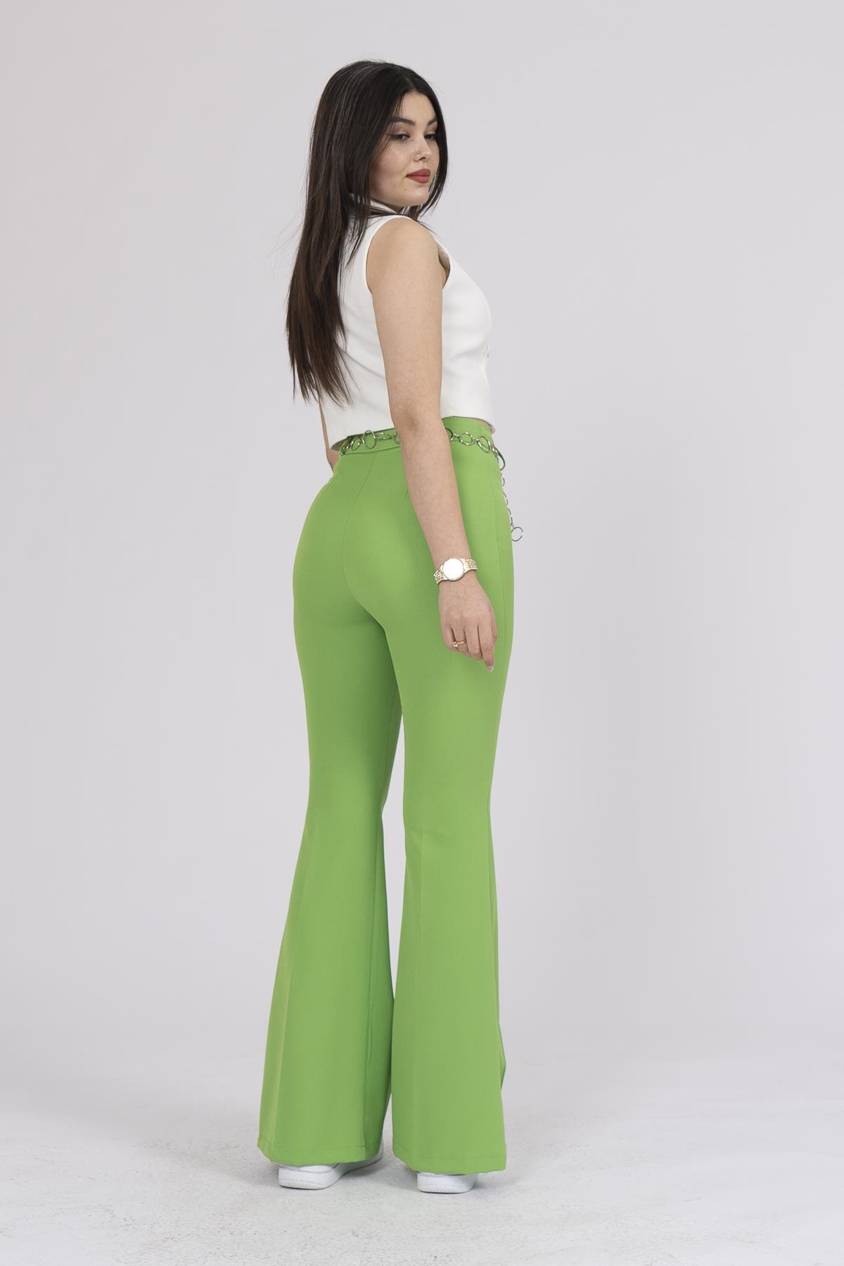 Y-3876 Y ZİNCİR AKSESUARLI İSPANYOL PAÇA PANTOLON