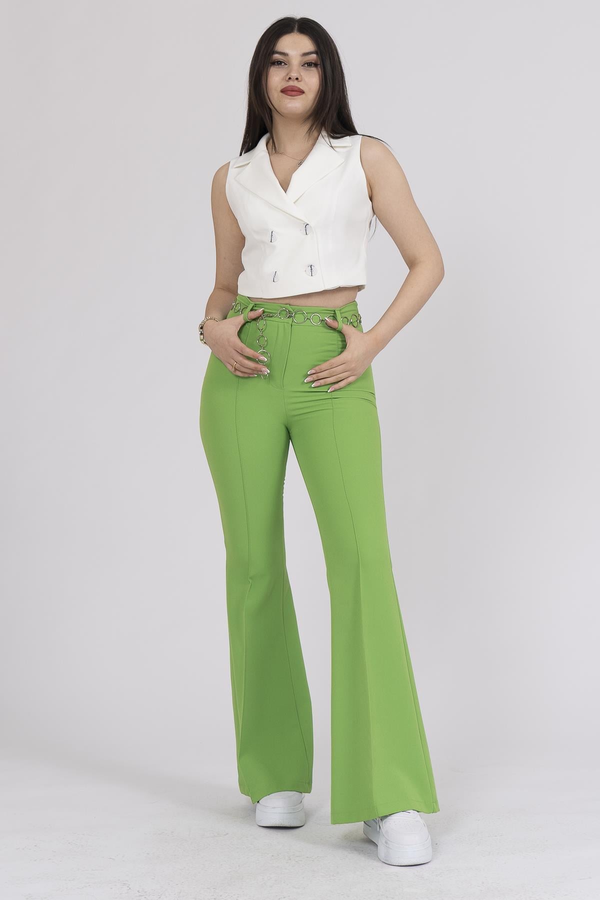 Y-3876 Y ZİNCİR AKSESUARLI İSPANYOL PAÇA PANTOLON