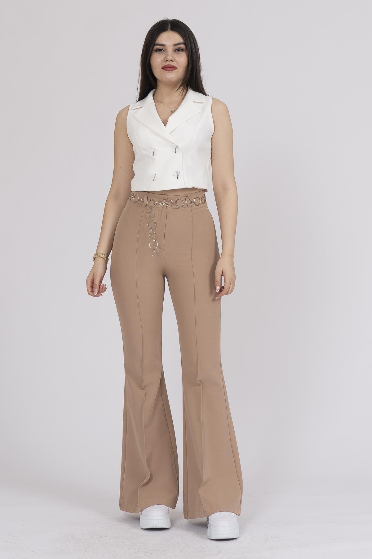 Y-3876 Y ZİNCİR AKSESUARLI İSPANYOL PAÇA PANTOLON