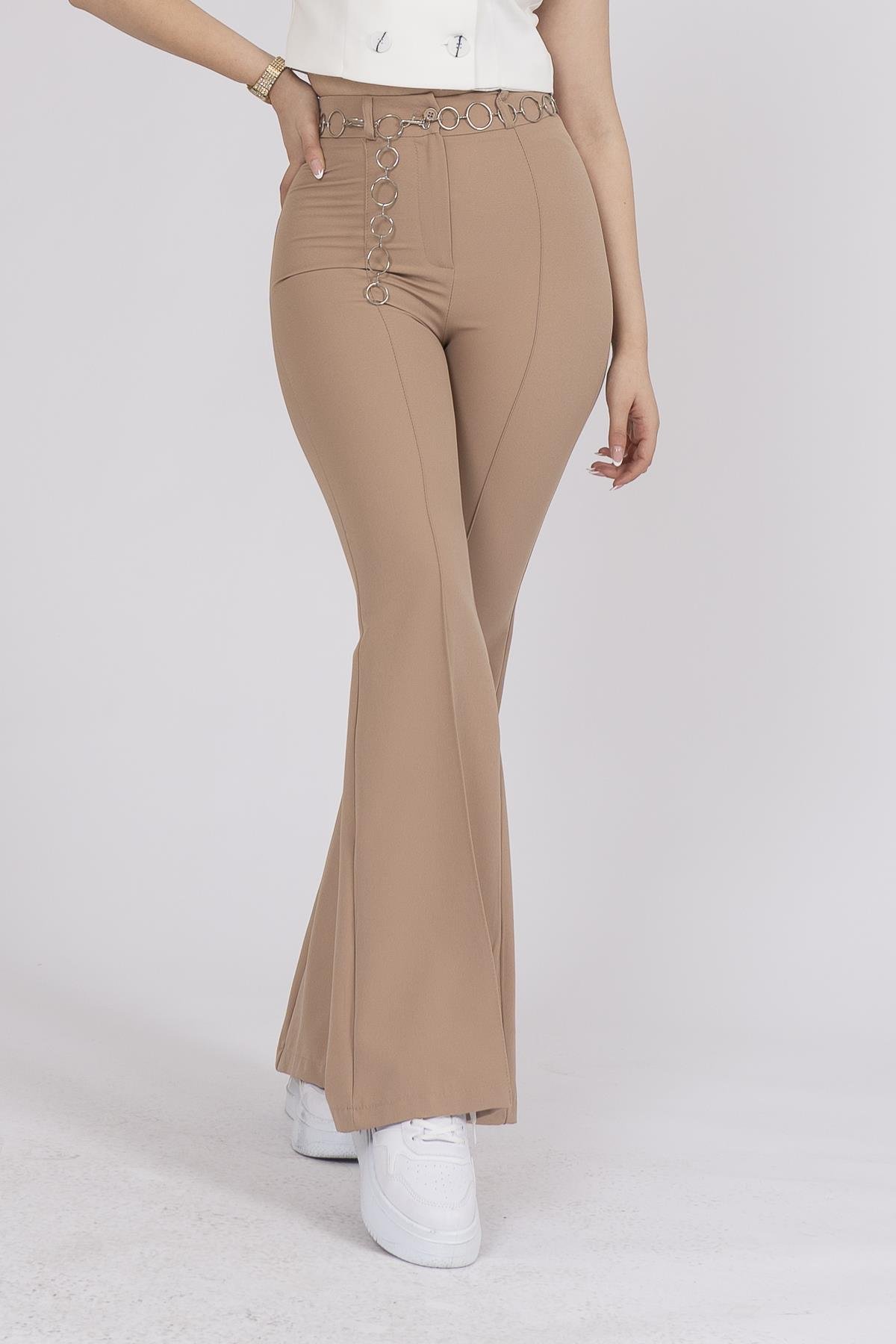 Y-3876 Y ZİNCİR AKSESUARLI İSPANYOL PAÇA PANTOLON