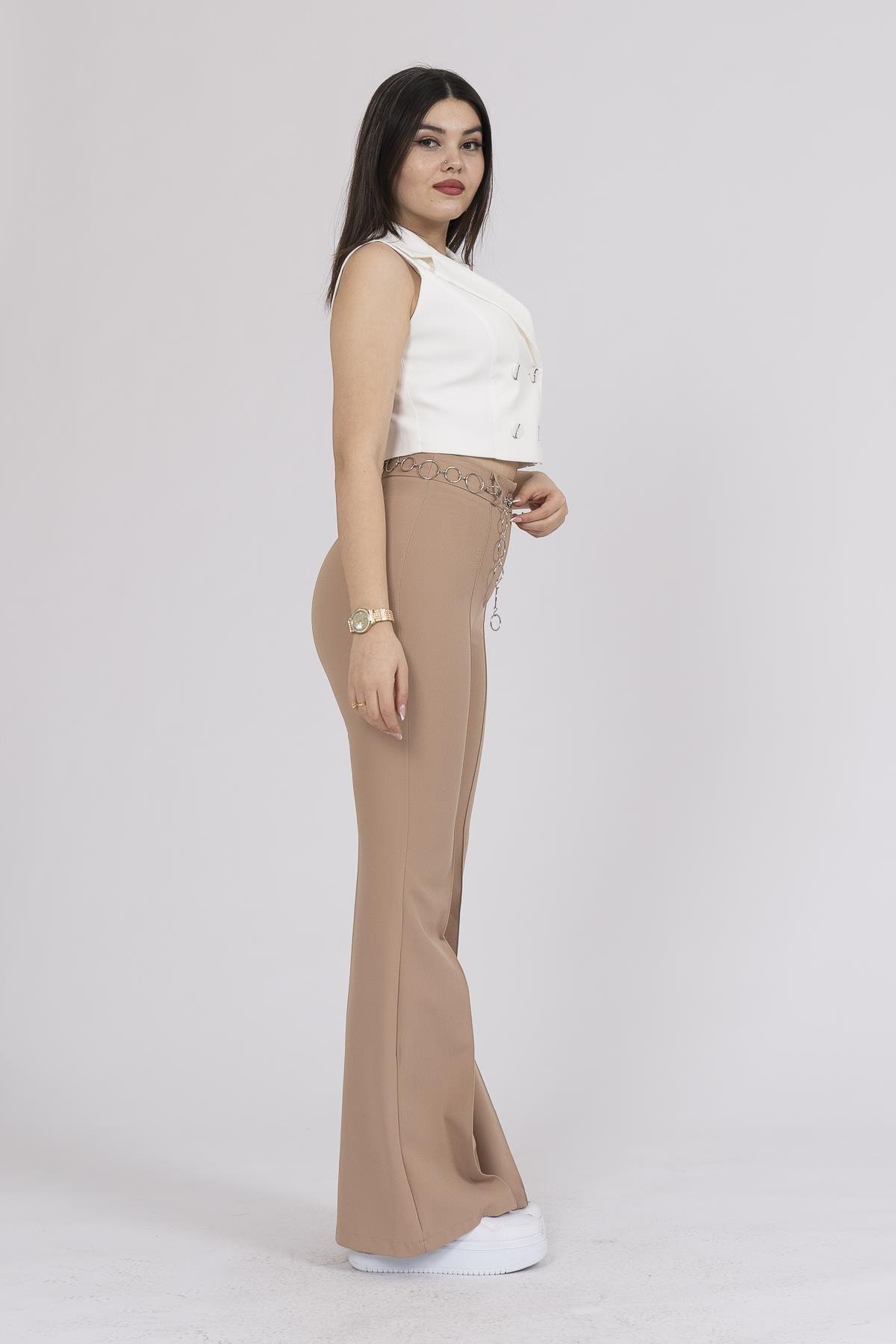 Y-3876 Y ZİNCİR AKSESUARLI İSPANYOL PAÇA PANTOLON
