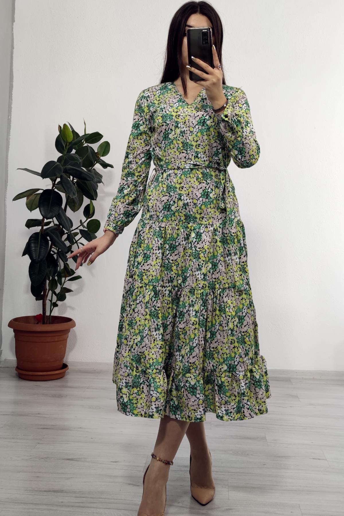 Y-50152  BELİ BAĞCIKLI ETEĞİ PASRÇALI UZUN ELBİSE