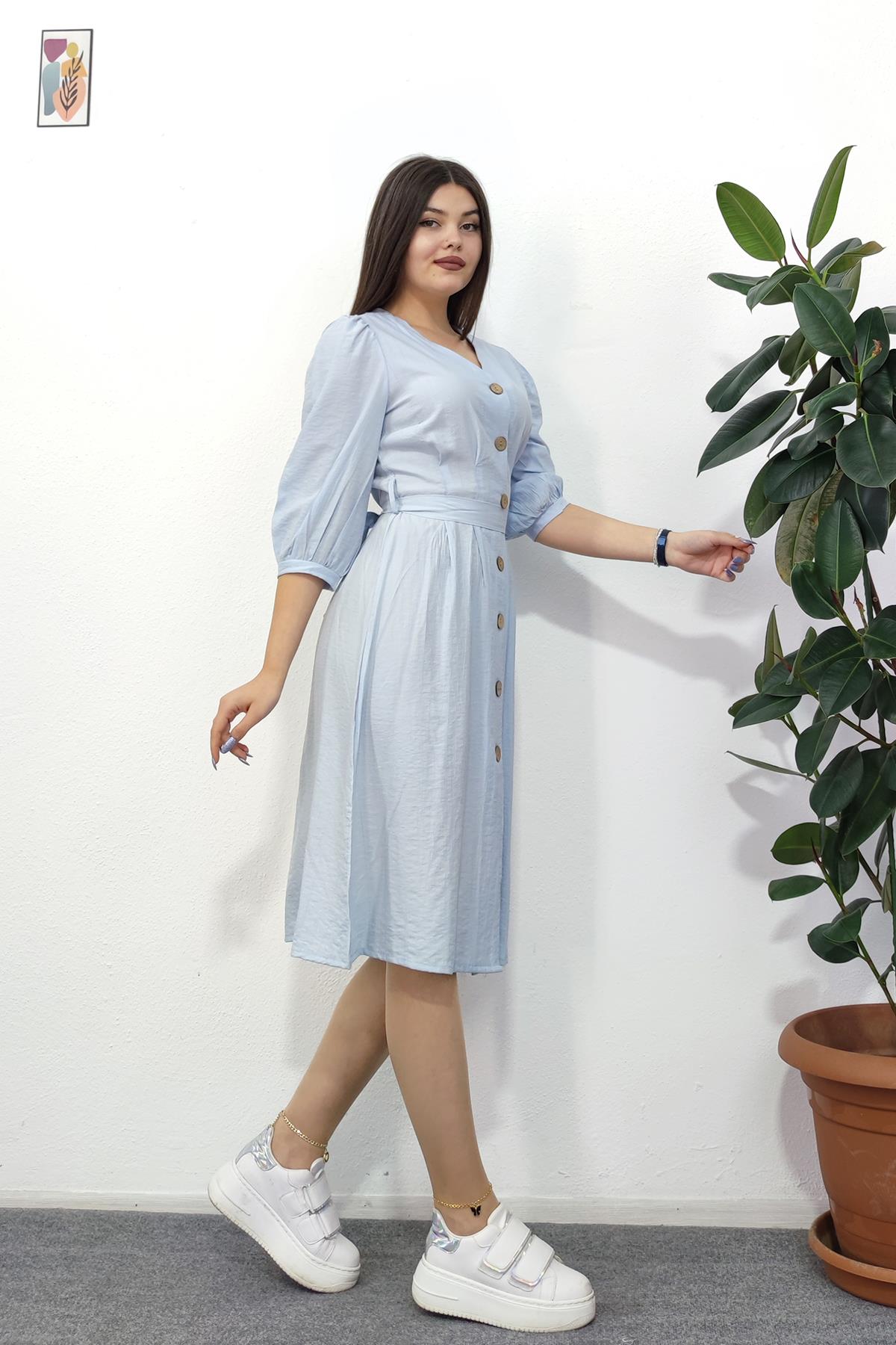 Y-50163 DÜĞMELİ KUŞAKLI TRUVAKAR KOL ELBİSE