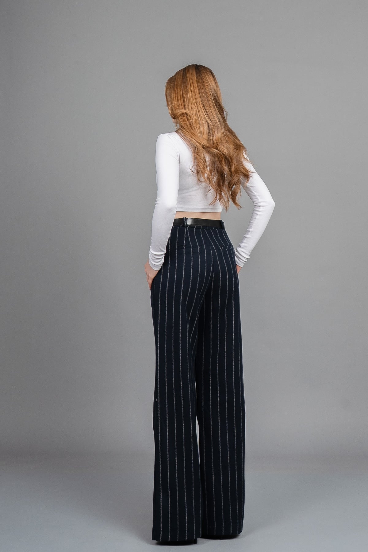 Yüksek Bel Çizgili Kaşe Bol Paça Kemerli Cepli Kadın Kışlık Pantolon – MissVina 30345