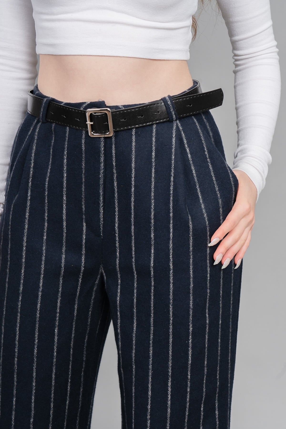Yüksek Bel Çizgili Kaşe Bol Paça Kemerli Cepli Kadın Kışlık Pantolon – MissVina 30345