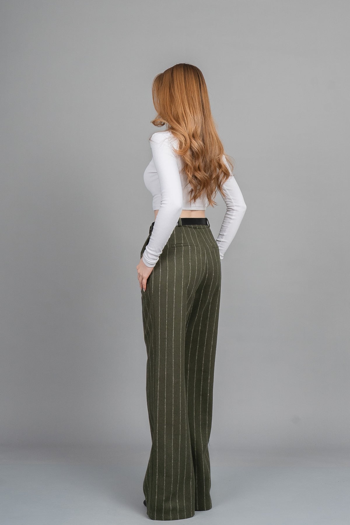 Yüksek Bel Çizgili Kaşe Bol Paça Kemerli Cepli Kadın Kışlık Pantolon – MissVina 30345