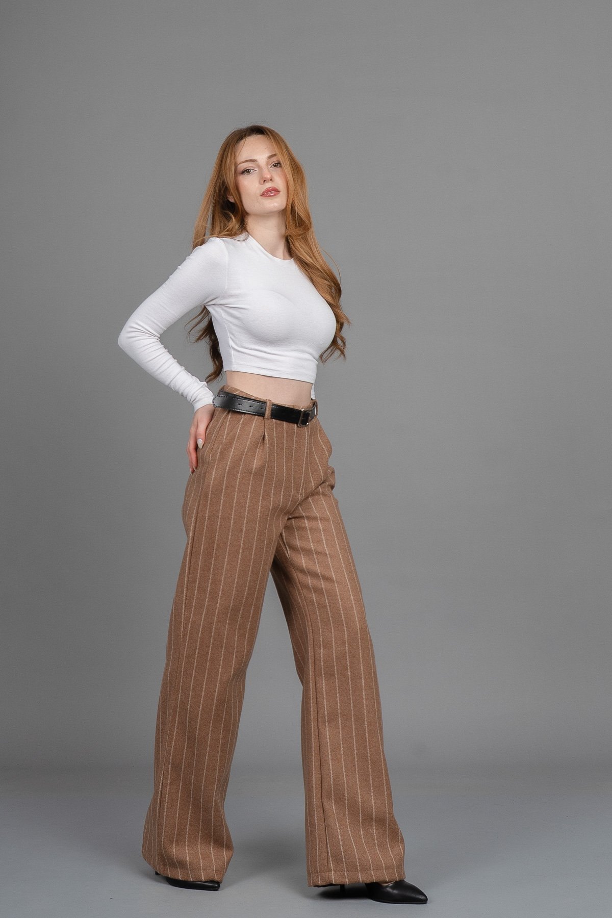 Yüksek Bel Çizgili Kaşe Bol Paça Kemerli Cepli Kadın Kışlık Pantolon – MissVina 30345